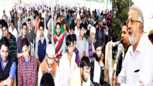 Minister for Medical Education, Taj Mohi-ud-Din addressing public meeting at Polo Ground on Tuesday.