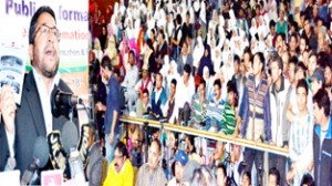 Chief Executive Councillor, Haji Asghar Ali Karbalai addressing gathering at Kargil on Wednesday.