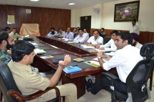 DDC Dr Shahid Iqbal Choudhary and Vice Chairman SSKSB Rajinder Singh Tara chairing a meeting at Reasi on Tuesday.