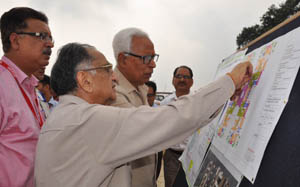 Governor, N N Vohra viewing site plan of Aastha Bhawan at Katra on Sunday.