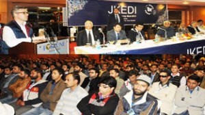 Chief Minister, Omar Abdullah addressing a meeting of budding entrepreneurs at Jammu on Friday.