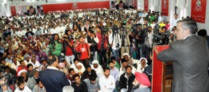 Chief Minister Omar Abdullah addressing NC workers at Sher-i-Kashmir Bhawan in Jammu on Tuesday. -Excelsior/Rakesh