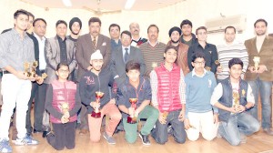 Winners of various events posing for a photograph alongwith dignitaries during Annual Sports Meet organized by Amar Singh Club in Jammu. -Excelsior/Rakesh