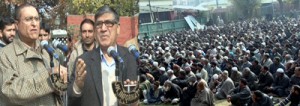 Minister for Higher Education, Mohammad Akbar Lone and Minister for CA&PD, Chowdary Mohammad Ramzan addressing public gathering at Srinagar on Tuesday.