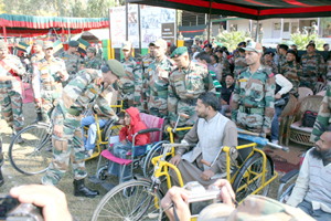 Beneficiaries during artificial appliances distribution camp at Poonch on Friday.