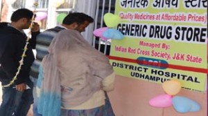 People purchasing medicines from Jan Aushadhi shop opened at DH Udhampur on Wednesday.