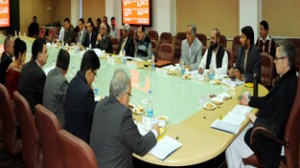 Chief Minister Omar Abdullah chairing a meeting of PDA at Jammu on Monday.