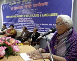 Prof Ved Kumari Ghai delivering inaugural address in two-day Hindi conference on Wednesday. -Excelsior/Rakesh