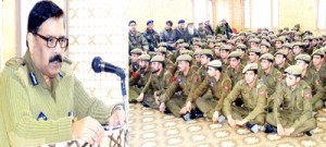 DGP, Ashok Prasad addressing a Police Darbar at District Police Lines Srinagar on Tuesday.