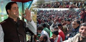Minister of State for Power Vikar Rasool Wani addressing public gathering at Banihal on Saturday.