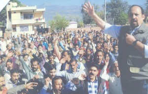 Som Nath, vice president PHE Employees Association Jammu province addressing employees rally at Ramnagar on Wednesday.