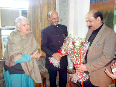 Anil K Padha welcoming RC Puri at Red Cross office in Jammu.