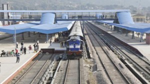 Passenger train at Katra Railway Station during trial run on Monday.