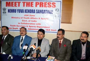 Director General Sports, Navin Aggarwal and other dignitaries addressing media persons in Jammu on Tuesday.
