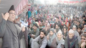 Minister for Finance, Abdul Rahim Rather addressing public gathering at Kaneera on Saturday.