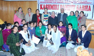 Students posing along with KK Khosa and Khem Lata Wakhloo at a seminar at Jammu on Saturday.