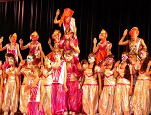 Students presenting cultural item during Annual Day celebration by Stephens International Public School at General Zorawar Singh Auditorium, University of Jammu on Thursday.