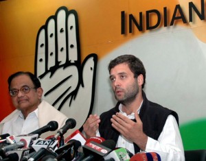 Congress Party vice president Rahul Gandhi and P Chidambaram, Union Finance Minister, addressing a press conference in New Delhi on Saturday.(UNI)