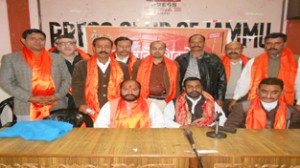 President, HPRSS, Jai Gopal Lally along with other leaders addressing a press conference at Jammu on Thursday.