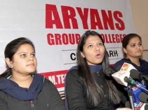Varinder Kaur, Coordinator, Aryans Group of Colleges interacting with media persons at Jammu on Saturday. -Excelsior/ Rakesh