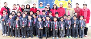 The students of Apple Kids International Pre-school, Bantalab posing for group photograph after winning the respective events on Thursday.