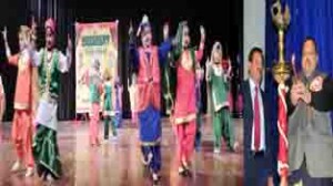 Students presenting cultural item (L) Provincial president National Conference, Devender Singh Rana lighting ceremonial lamp during Annual Day function of Crescent Public School.