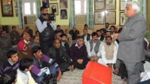 Minister for Labour, Ajay Kumar Sadhotra interacting with deputations at Sher-e-Kashmir Bhawan on Monday.