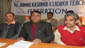Leaders of Teachers Federation addressing a press conference at Jammu on Sunday. -Excelsior/Rakesh