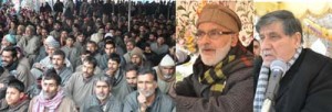 Minister for Panchayati Raj Ali Mohd Sagar and Minister for Higher Education Mohd Akbar Lone addressing public gathering in Sumbal on Saturday.