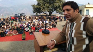 Minister for Revenue, Aijaz Ahmad Khan addressing public meeting at Reasi on Monday.
