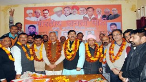 BJP leaders at a public meeting at Dream City Muthi on Thursday.