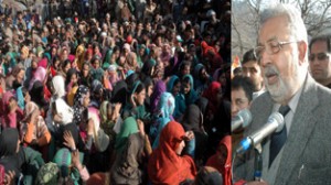 Minister for Medical Education Taj Mohi-ud-Din addressing public meeting in Uri constituency on Monday.