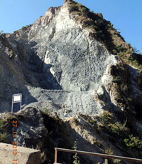 A view of mountain completely damaged by miners at village Chiryai Muthal in Udhampur district.