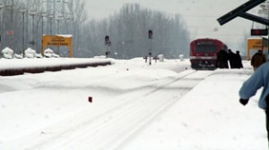 Train runs at Anantnag Railway station after two days at heavy snow bound Anantnag -Baramulla railway track on Thursday. -Excelsior/ Sajad Dar