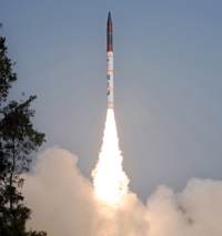 Agni-IV, the 4000 Kms range Nuclear capable Ballistic Missile successfully launched from the Wheeler Island off the coast of Odisha on Monday. (UNI)