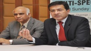 Dr SK Sinha interacting with media persons at Jammu on Saturday.