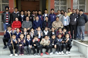 Medal winners in Silambam Nationals posing for a group photograph alongwith DG Sports, Navin Aggarwal and other dignitaries in Jammu on Tuesday.