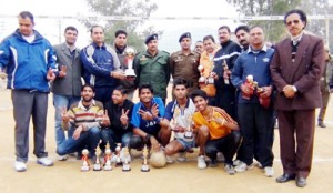 Winners posing alongwith dignitaries during valedictory function of Volleyball Tournament at Udhampur.
