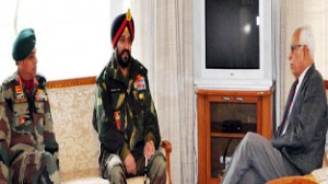 Governor N N Vohra in a meeting with Army chief Gen Bikram Singh and Northern Command chief Lt Gen Sanjiv Chachra in Jammu on Saturday.