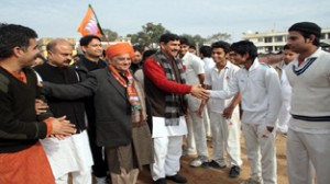 A galaxy of BJP leaders interacting with cricketers while launching BJYM's mega cricketing event in Jammu.