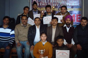Winners of Chess Tournament posing for a group photograph alongwith office bearers of Association in Jammu.