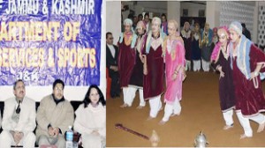 Director General Youth Services and Sports, Navin Aggarwal and other dignitaries watching artists performing in folk dance during State Level Youth Festival at Nagrota on Thursday.