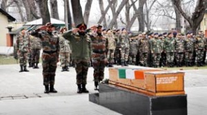 GOC Chinar Corps, Lt General Gurmit Singh  along with senior Army officers paying rich tributes to Naik Lempa Konyak and Sep Thoudam Sanaton Singh of 5 ASSAM  at Badami Bagh Cantonment in Srinagar on Sunday.