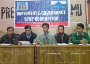 J&K CSC Association members interacting with media persons at Jammu on Tuesday.