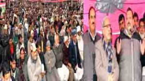 Provincial President NC, Devender Singh Rana addressing public gathering at Thannamandi on Sunday.
