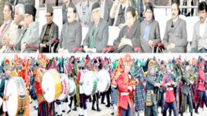 Governor N N Vohra and others witnessing Beating Retreat ceremony at Maulana Azad Stadium on Wednesday.