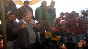 M Y Tarigami addressing workers of Chenani-Nashri Tunnel project during protest demonstration on Thursday.