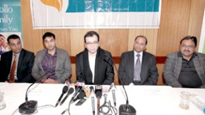 Senior consultants of Indraprastha Apollo Hospitals talking to media persons at Jammu on Saturday. -Excelsior/Rakesh