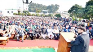 MP Madan Lal Sharma addressing members of  Dehati Brahman Sabha in a function at Bishnah on Sunday. 