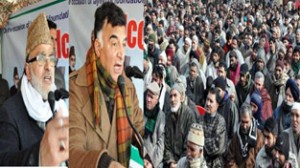 Minister for Rural Development, Ali Mohd Sagar and MP Dr Mehboob Beigh addressing public gathering in Pulwama on Wednesday.